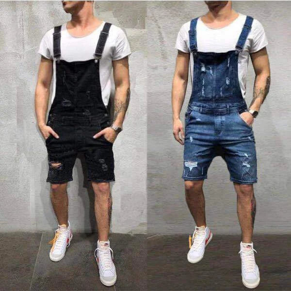 Black Men's Ripped Denim Overalls — James Relaxed-Fit Removable-Strap Pockets - Comparison Front Full