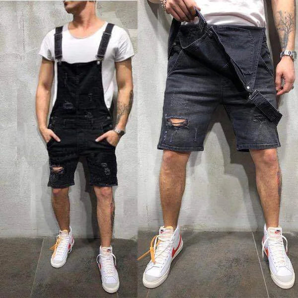 Black Men's Ripped Denim Overalls — James Relaxed-Fit Removable-Strap Pockets - Front And Pocket Detail