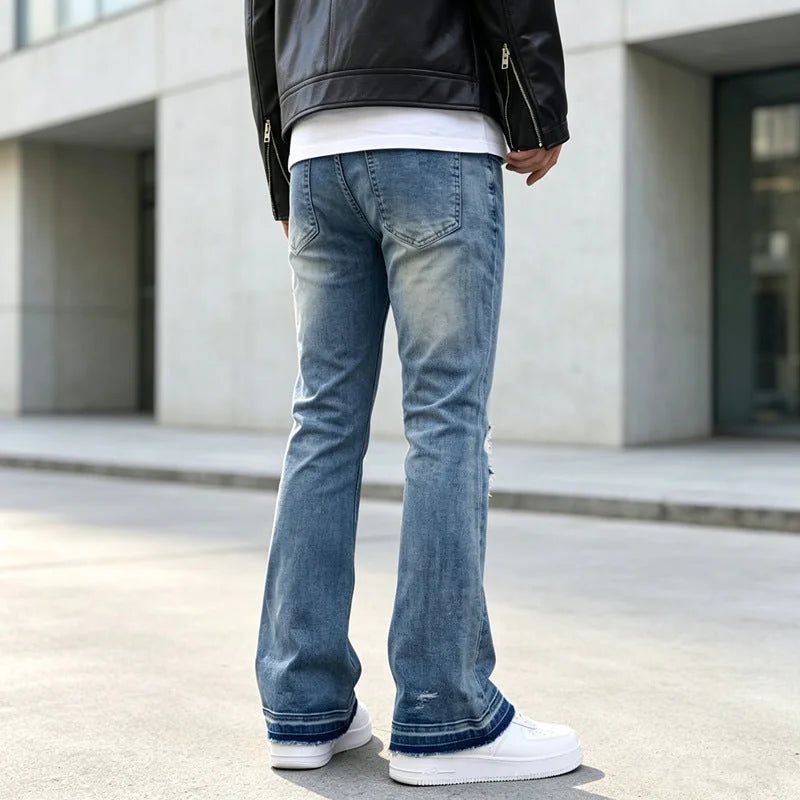 Blue Men's Ripped Slim-Fit Flared Jeans with Distressed Detailing - Back Full