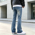 Blue Men's Ripped Slim-Fit Flared Jeans with Distressed Detailing - Back Full