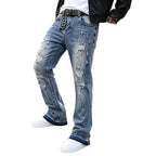 Blue Men's Ripped Slim-Fit Flared Jeans with Distressed Detailing - Front Studio Cutout