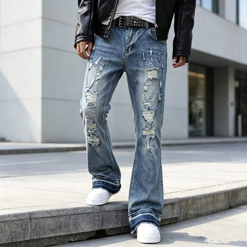 Blue Men's Ripped Slim-Fit Flared Jeans with Distressed Detailing - Front Walking