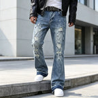 Blue Men's Ripped Slim-Fit Flared Jeans with Distressed Detailing - Front Walking