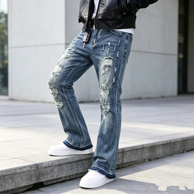 Blue Men's Ripped Slim-Fit Flared Jeans with Distressed Detailing