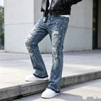 Blue Men's Ripped Slim-Fit Flared Jeans with Distressed Detailing