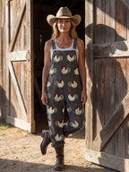 Gray Women's Embroidered Rooster Jumpsuit — Ellen Relaxed-Fit Pocketed Cuffed - Barn Doorway Pose
