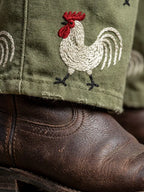 Military Green Women's Embroidered Rooster Jumpsuit — Ellen Relaxed-Fit Pocketed Cuffed - Embroidery Close Up