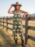 Military Green Women's Embroidered Rooster Jumpsuit — Ellen Relaxed-Fit Pocketed Cuffed - Fence Lean Pose