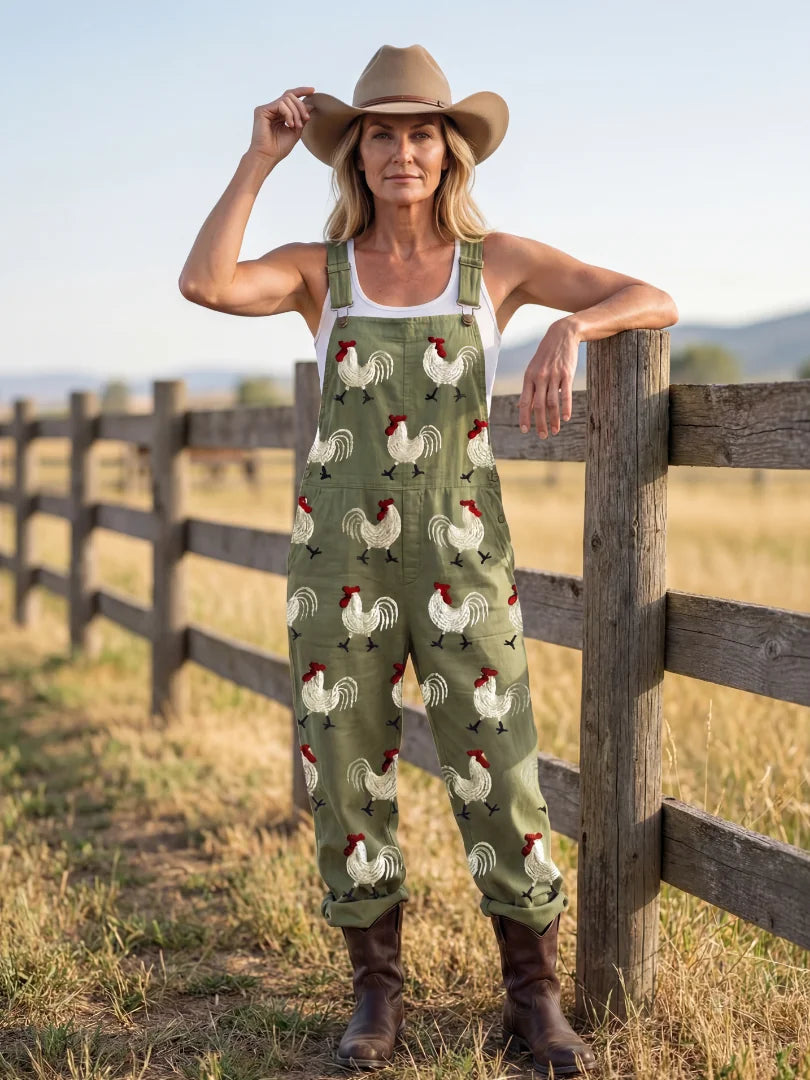 Military Green Women's Embroidered Rooster Jumpsuit — Ellen Relaxed-Fit Pocketed Cuffed - Fence Lean Pose