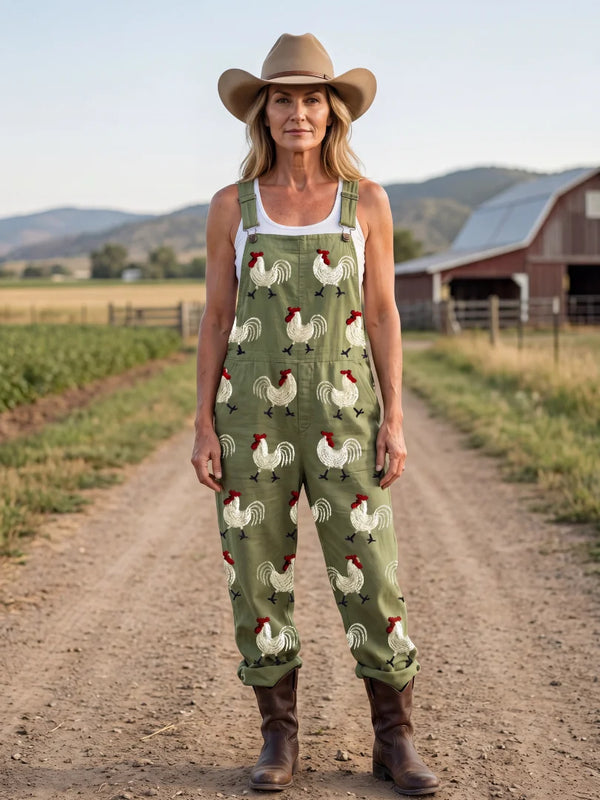 Military Green Women's Embroidered Rooster Jumpsuit — Ellen Relaxed-Fit Pocketed Cuffed - Front Full