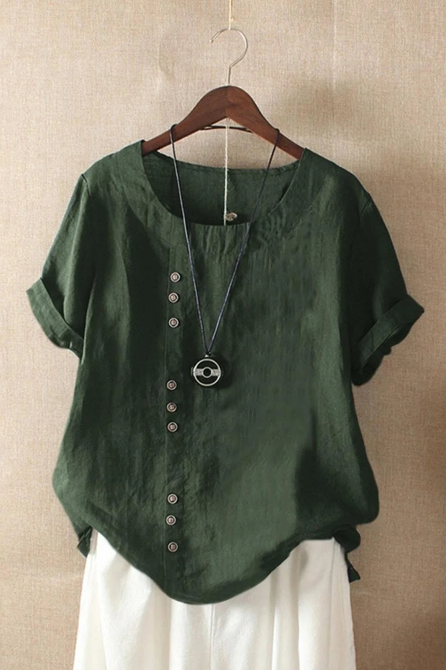 Green Women's Round Neck Button Short Sleeve Blouse with Relaxed, Breathable Fit — Annie - Front Studio