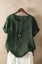 Green Women's Round Neck Button Short Sleeve Blouse with Relaxed, Breathable Fit — Annie - Front Studio
