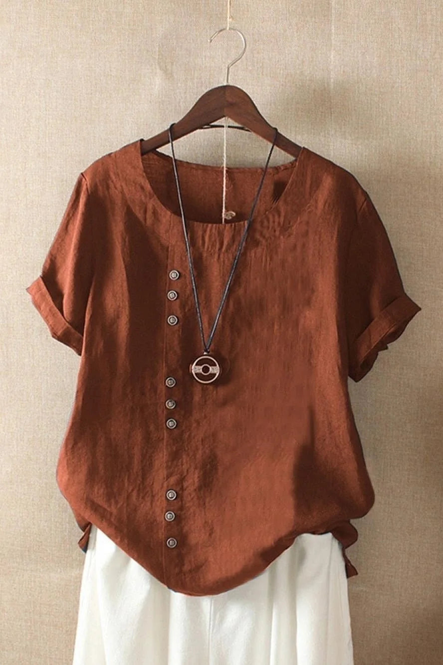 Orange Women's Round Neck Button Short Sleeve Blouse with Relaxed, Breathable Fit — Annie - Front Flatlay