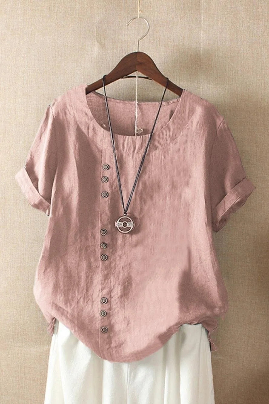 Pink Women's Round Neck Button Short Sleeve Blouse with Relaxed, Breathable Fit — Annie - Front Display