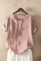 Pink Women's Round Neck Button Short Sleeve Blouse with Relaxed, Breathable Fit — Annie - Front Display