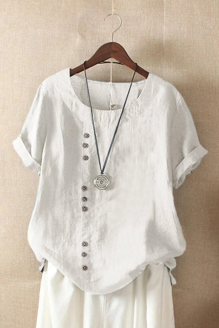 White Women's Round Neck Button Short Sleeve Blouse with Relaxed, Breathable Fit — Annie - Front Detail