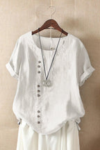 White Women's Round Neck Button Short Sleeve Blouse with Relaxed, Breathable Fit — Annie - Front Detail