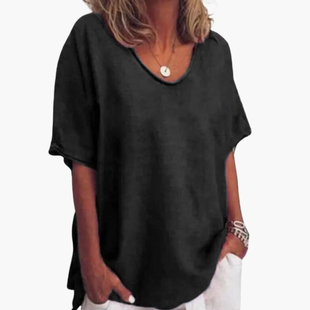 Black Women's Short Sleeve Round Neck Blouse with Relaxed Fit & Lightweight Feel — Fern
