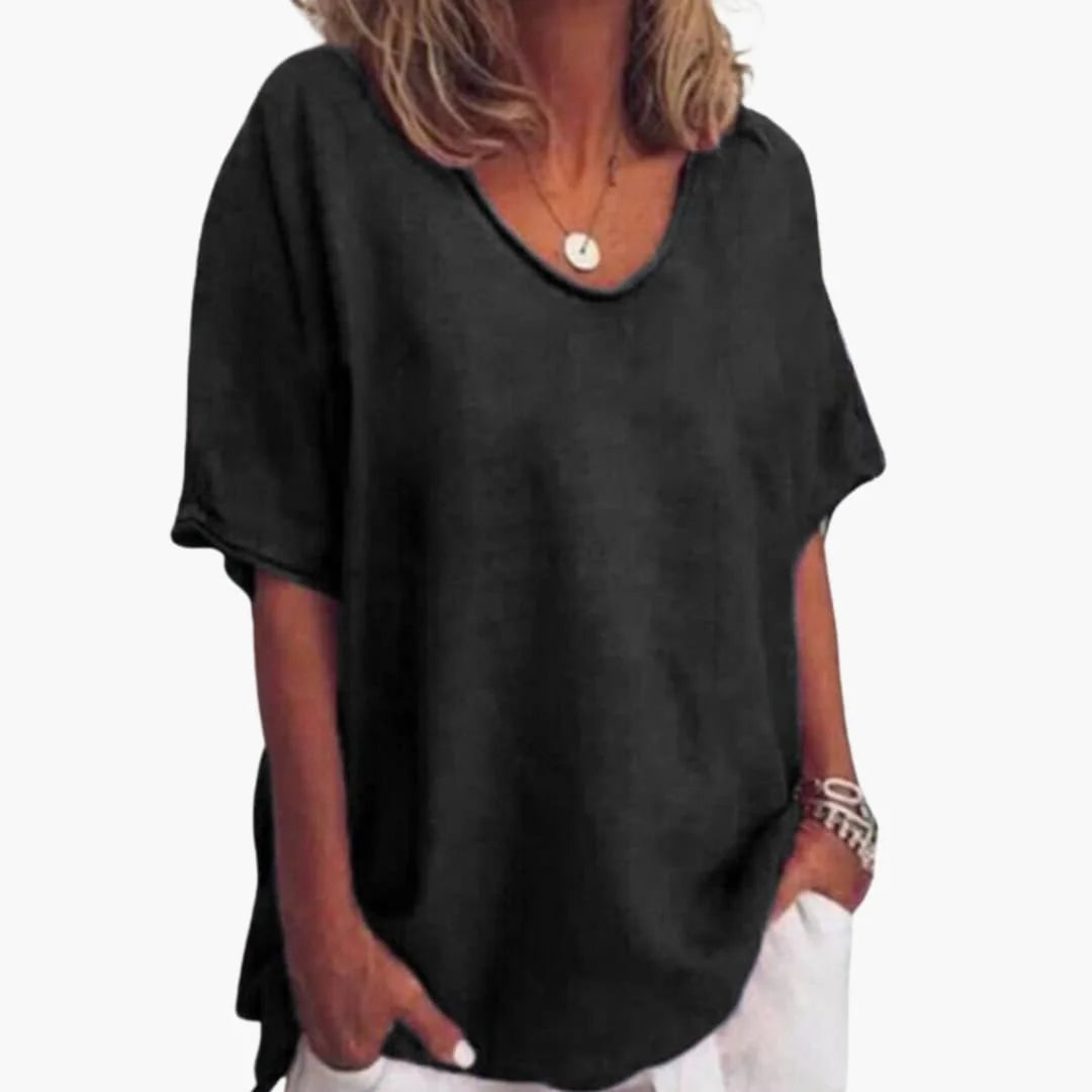 Black Women's Short Sleeve Round Neck Blouse with Relaxed Fit & Lightweight Feel — Fern