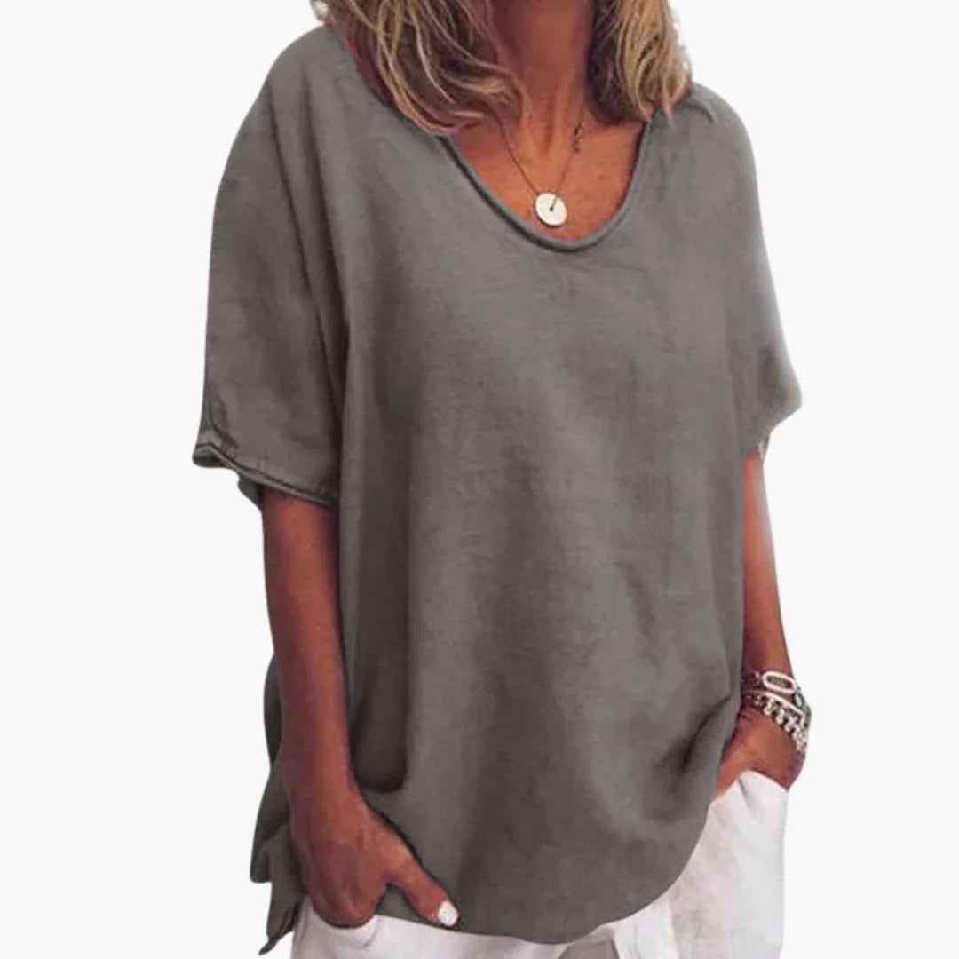 Grey Women's Short Sleeve Round Neck Blouse with Relaxed Fit & Lightweight Feel - Front Full