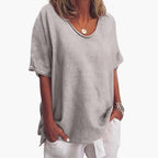 Grey Women's Short Sleeve Round Neck Blouse with Relaxed Fit & Lightweight Feel — Fern - Front Detail