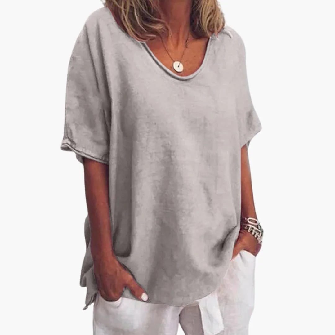 Grey Women's Short Sleeve Round Neck Blouse with Relaxed Fit & Lightweight Feel — Fern - Front Detail
