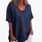 Navy Blue Women's Short Sleeve Round Neck Blouse with Relaxed Fit & Lightweight Feel — Fern - Front Plain