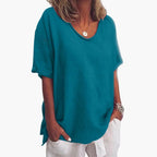 Ocean Blue Women's Short Sleeve Round Neck Blouse with Relaxed Fit & Lightweight Feel - Front Bright