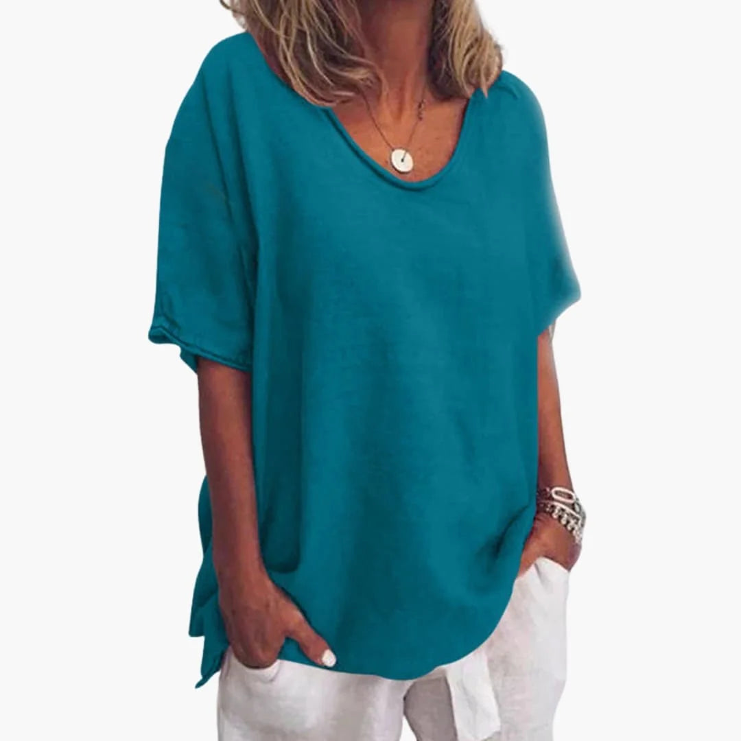 Ocean Blue Women's Short Sleeve Round Neck Blouse with Relaxed Fit & Lightweight Feel - Front Bright