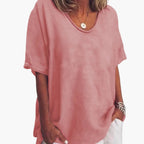 Pink Women's Short Sleeve Round Neck Blouse with Relaxed Fit & Lightweight Feel — Fern - Front Closeup