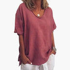 Red Women's Short Sleeve Round Neck Blouse with Relaxed Fit & Lightweight Feel — Fern - Front Studio