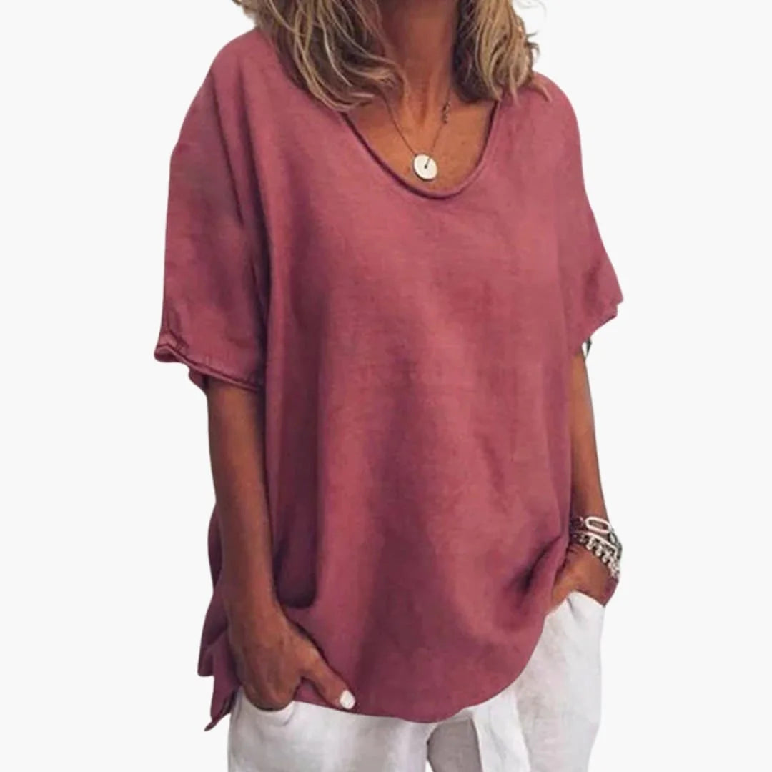 Red Women's Short Sleeve Round Neck Blouse with Relaxed Fit & Lightweight Feel — Fern - Front Studio