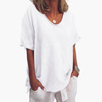 White Women's Short Sleeve Round Neck Blouse with Relaxed Fit & Lightweight Feel — Fern