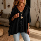 Black Women's Ruffle Loose Fit Blouse with V-Neck & Three-Quarter Sleeves — Nell
