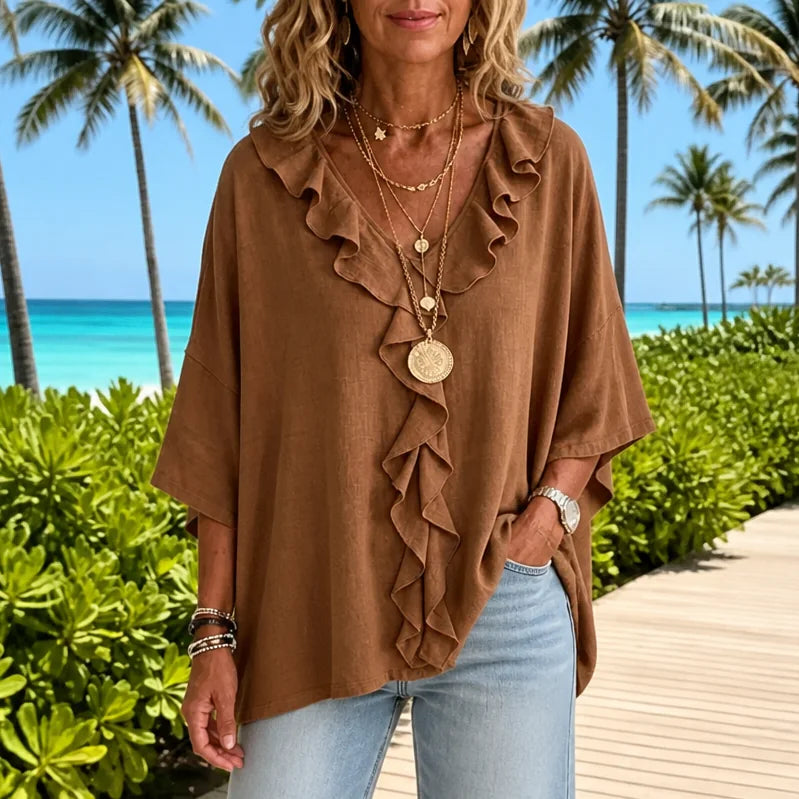 Dark Brown Women's Ruffle Loose Fit Blouse with V-Neck & Three-Quarter Sleeves — Nell - Close Up Front Beach