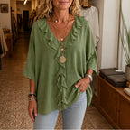 Green Women's Ruffle Loose Fit Blouse with V-Neck & Three-Quarter Sleeves — Nell