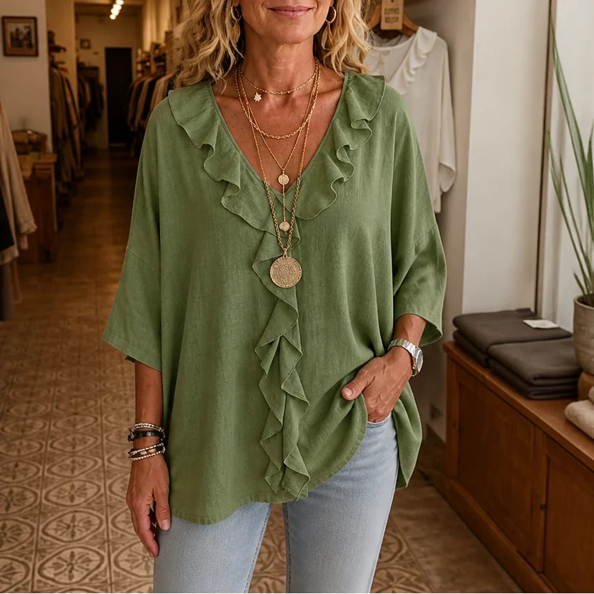 Green Women's Ruffle Loose Fit Blouse with V-Neck & Three-Quarter Sleeves — Nell