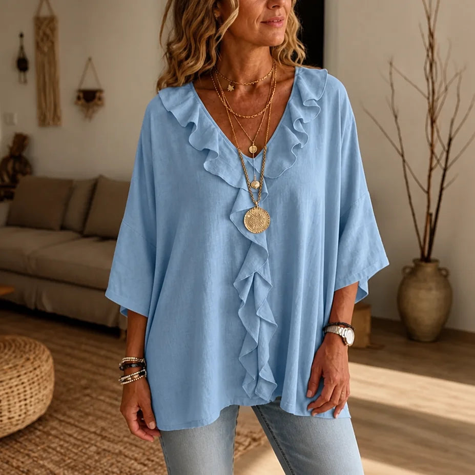 Light Blue Women's Ruffle Loose Fit Blouse with V-Neck & Three-Quarter Sleeves — Nell - Close Up Front Livingroom
