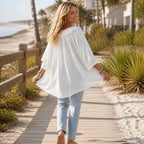 White Women's Ruffle Loose Fit Blouse with V-Neck & Three-Quarter Sleeves — Nell - Back Full Walking