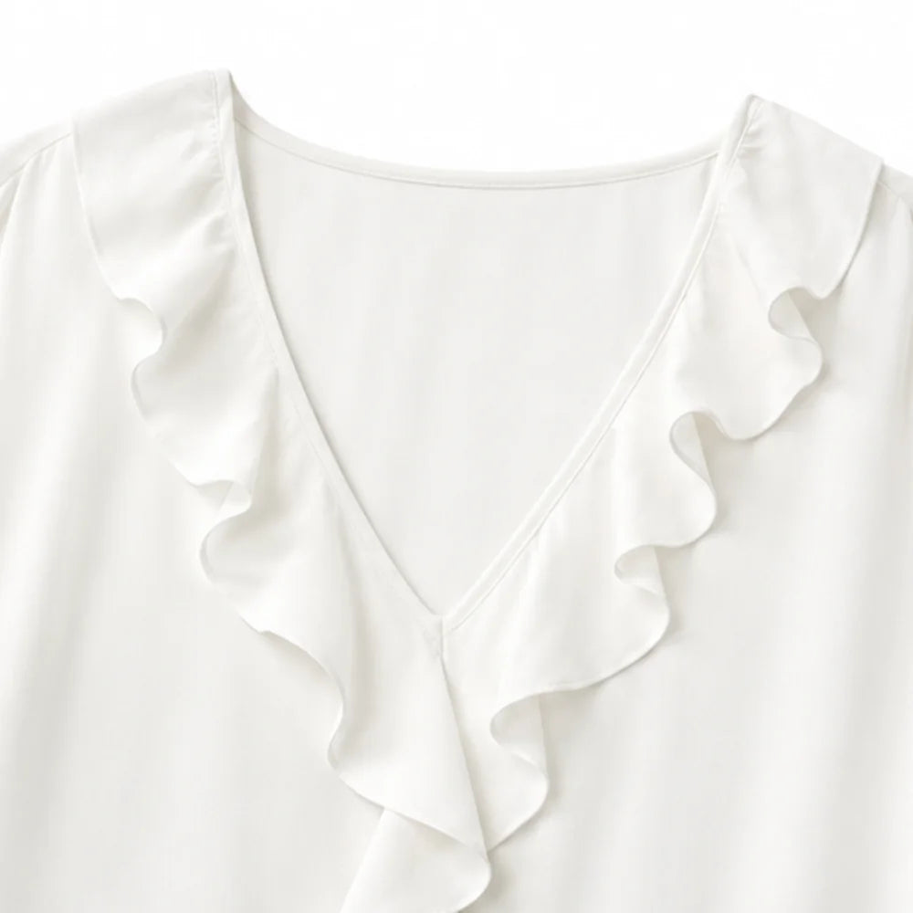 White Women's Ruffle Loose Fit Blouse with V-Neck & Three-Quarter Sleeves — Nell - Close Up Neckline