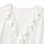 White Women's Ruffle Loose Fit Blouse with V-Neck & Three-Quarter Sleeves — Nell - Close Up Neckline