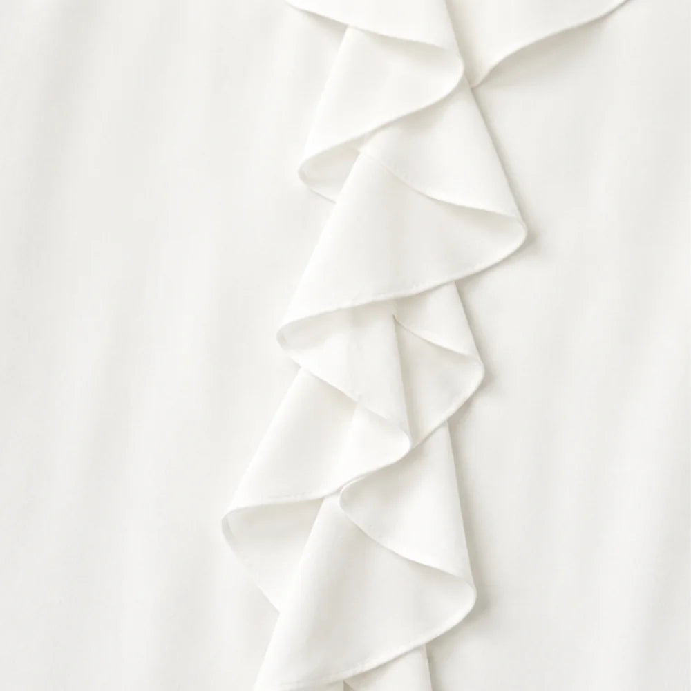 White Women's Ruffle Loose Fit Blouse with V-Neck & Three-Quarter Sleeves — Nell - Fabric Ruffle Detail