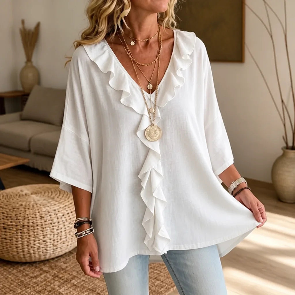 White Women's Ruffle Loose Fit Blouse with V-Neck & Three-Quarter Sleeves — Nell - Front Full Indoor