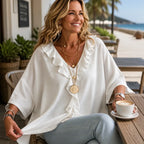 White Women's Ruffle Loose Fit Blouse with V-Neck & Three-Quarter Sleeves — Nell - Seated Cafe Coffee