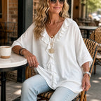 White Women's Ruffle Loose Fit Blouse with V-Neck & Three-Quarter Sleeves — Nell - Seated Cafe Front
