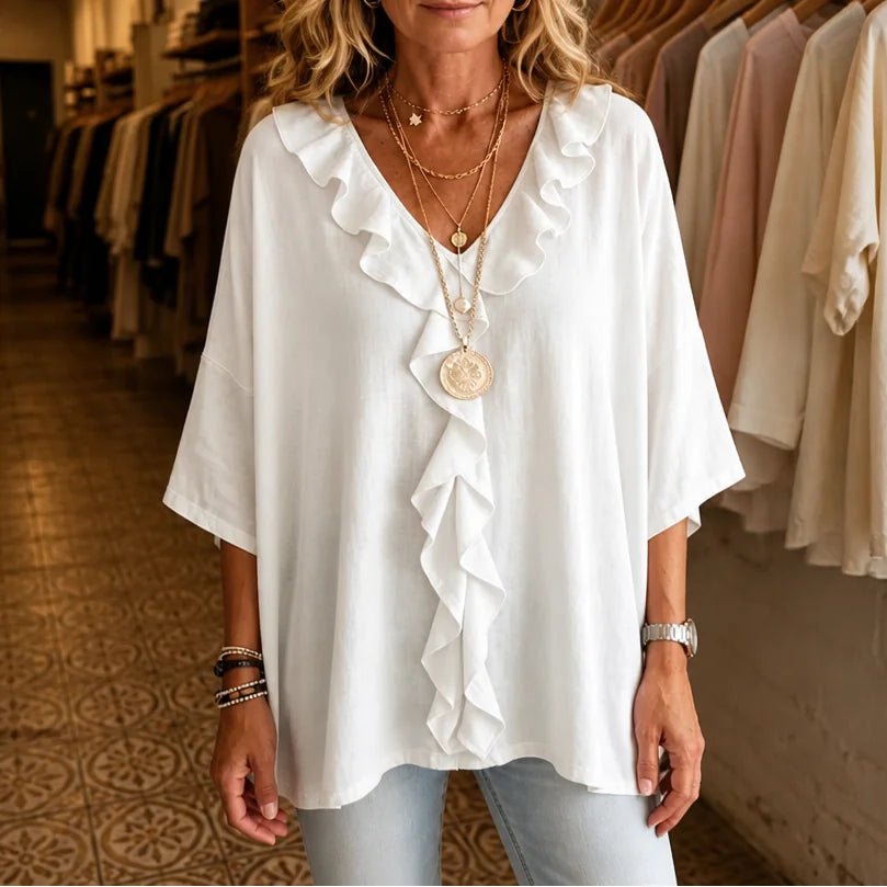 White Women's Ruffle Loose Fit Blouse with V-Neck & Three-Quarter Sleeves — Nell
