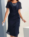Women's Ruffle Midi Dress with Ruched Waist & Flutter Sleeves — Thea