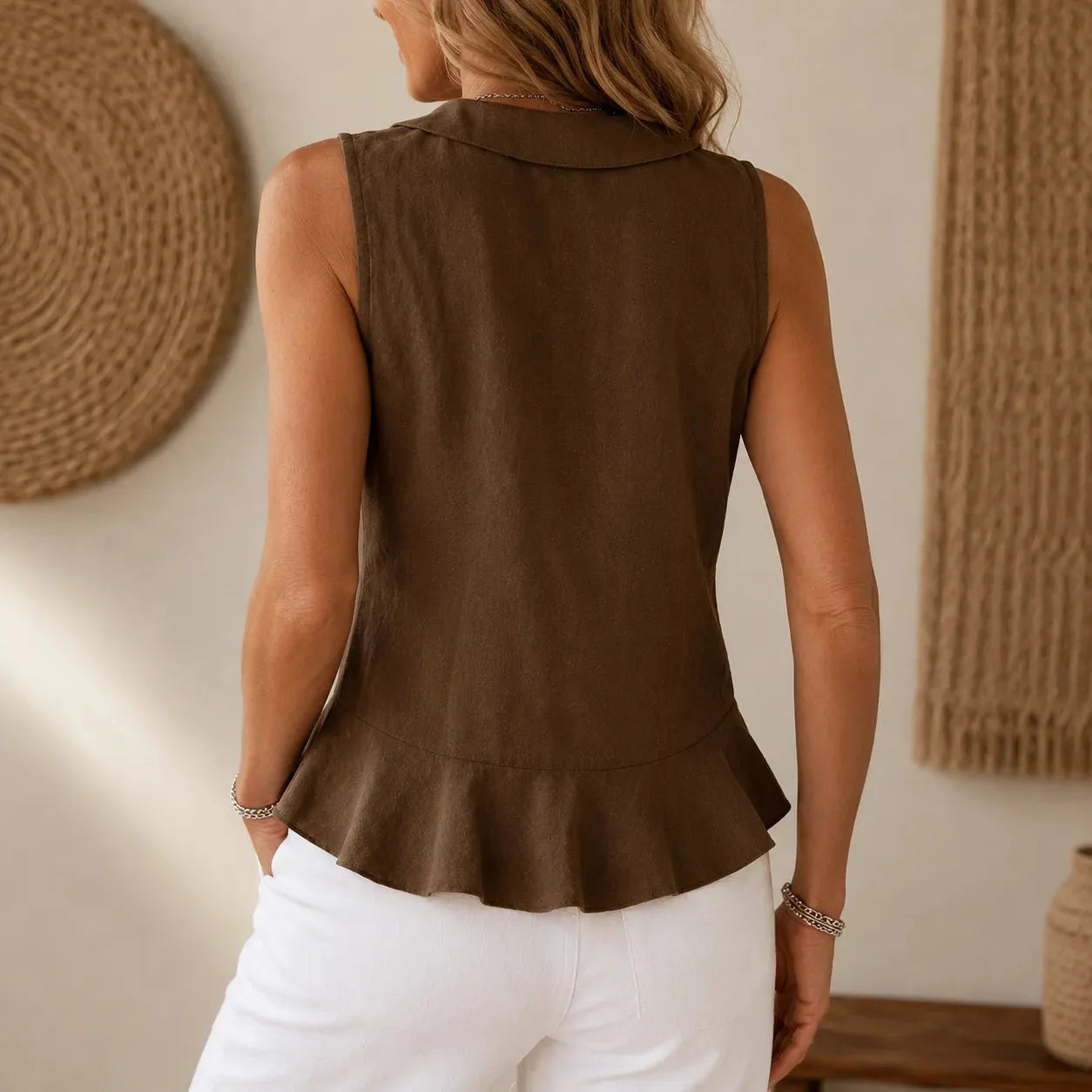 Chocolate Women's Sleeveless V-Neck Blouse — Natalie Lightweight Ruffle Peplum - Back Full