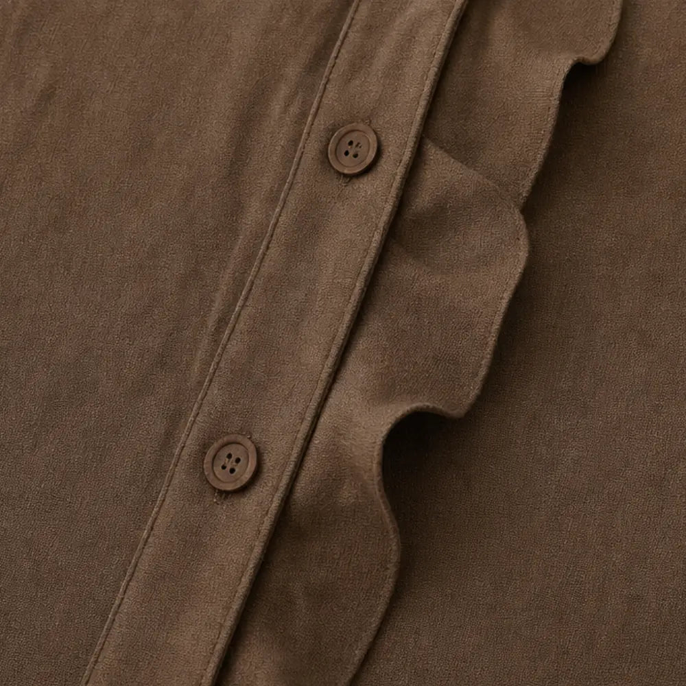 Chocolate Women's Sleeveless V-Neck Blouse — Natalie Lightweight Ruffle Peplum - Close Up Button