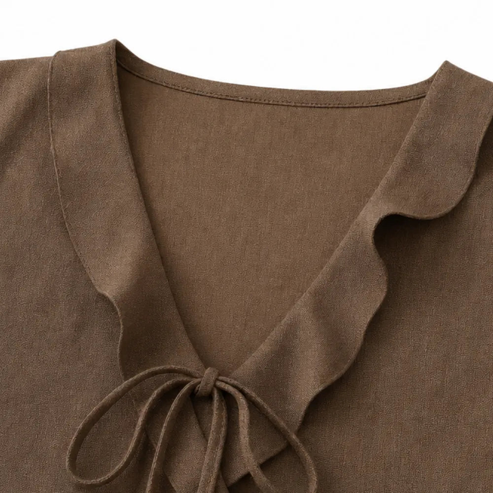 Chocolate Women's Sleeveless V-Neck Blouse — Natalie Lightweight Ruffle Peplum - Close Up Neckline